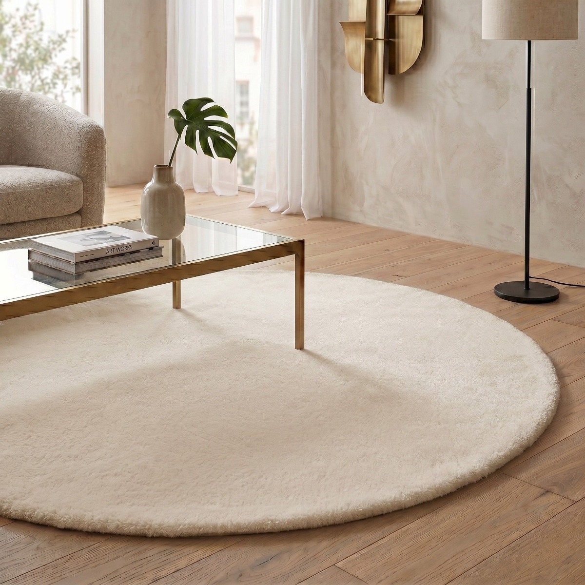 Tapis rond lavable imitation fourrure extra-doux SIBERIE beige, THE DECO FACTORY