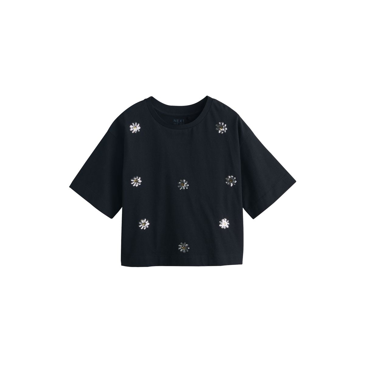 T-shirt droit oversize à sequins fleur noire, NEXT
