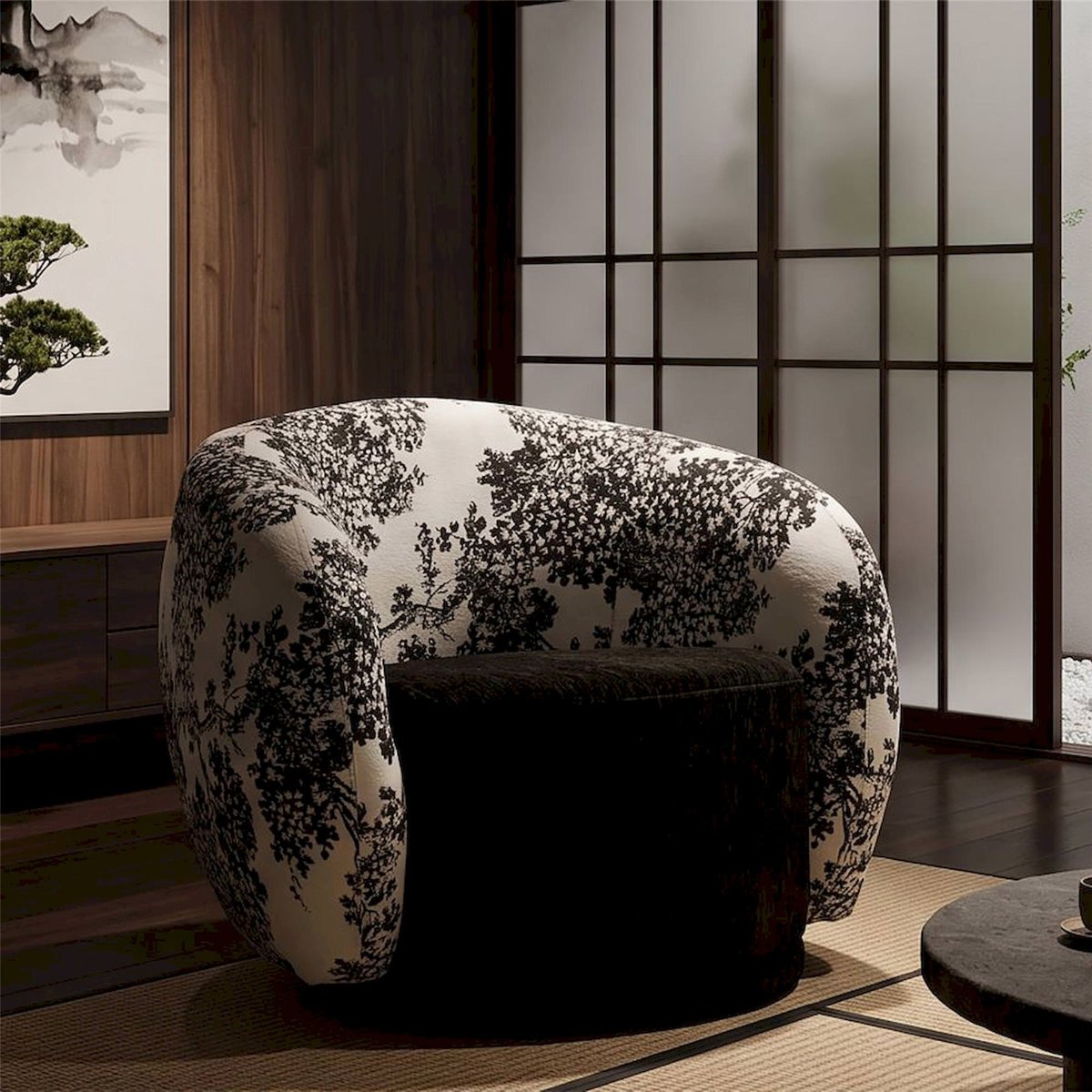 Fauteuil style oriental motif végétal MODERN noir et blanc, RECOLLECTION