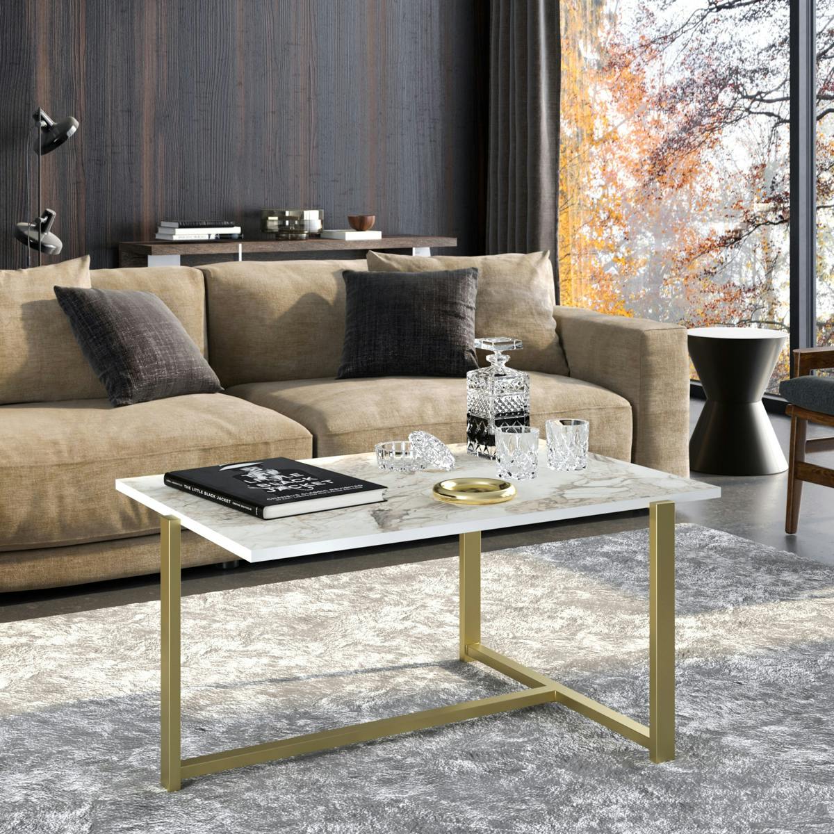 Table basse rectangulaire effet marbre pied en T doré MARFA blanc, PIER IMPORT