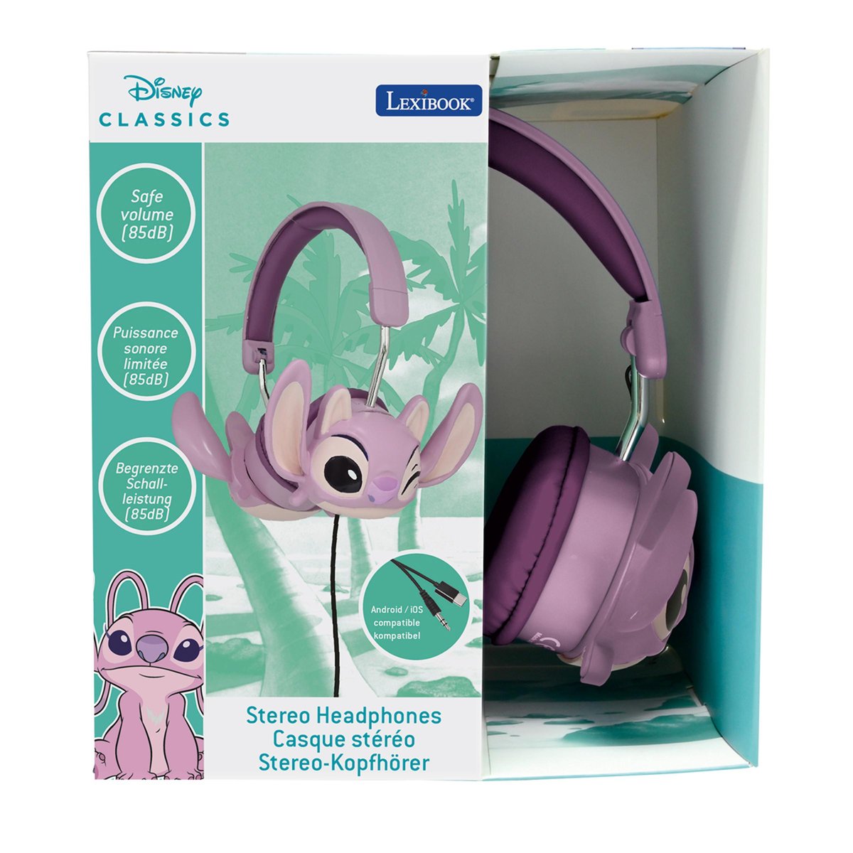 Casque stéréo filaire pliable avec limitation de volume d'écoute Angel de Disney Stitch rose, LEXIBOOK