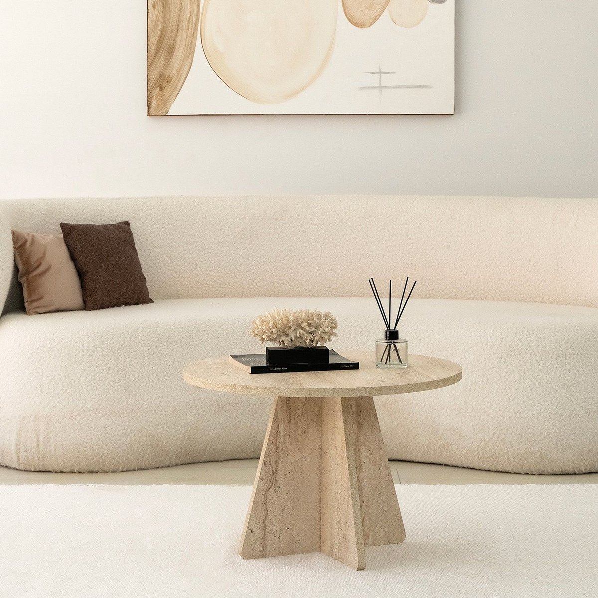 Table basse ronde effet travertin design moderne VALENCE beige, TOILINUX