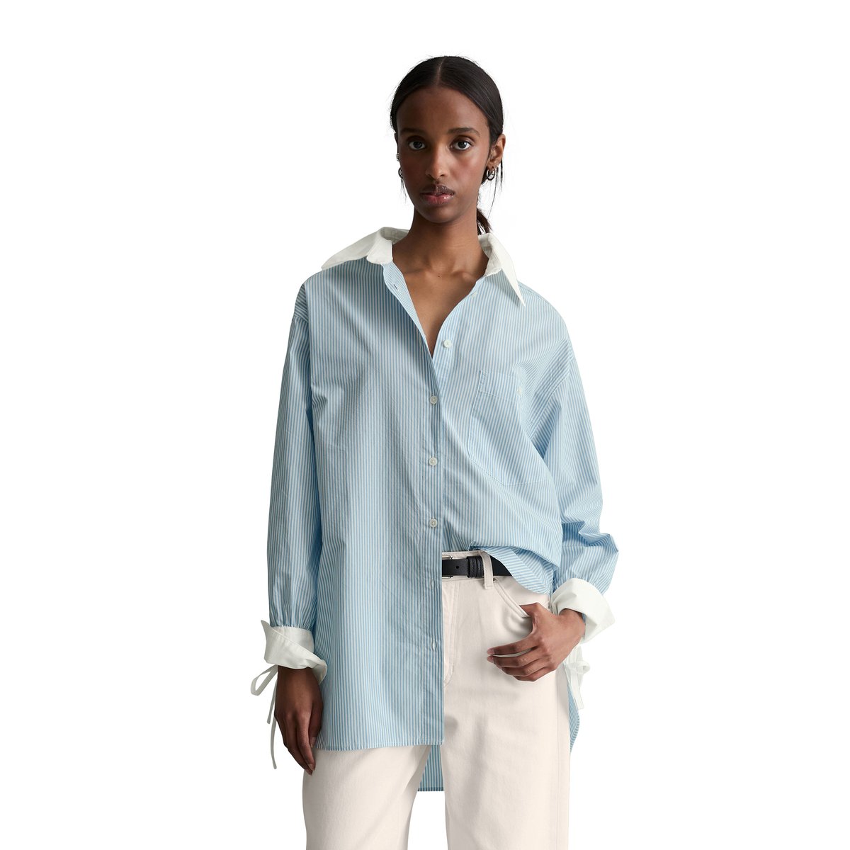 Blouse à rayures loose en popeline Papertouch bleu clair, MARC O’POLO DENIM