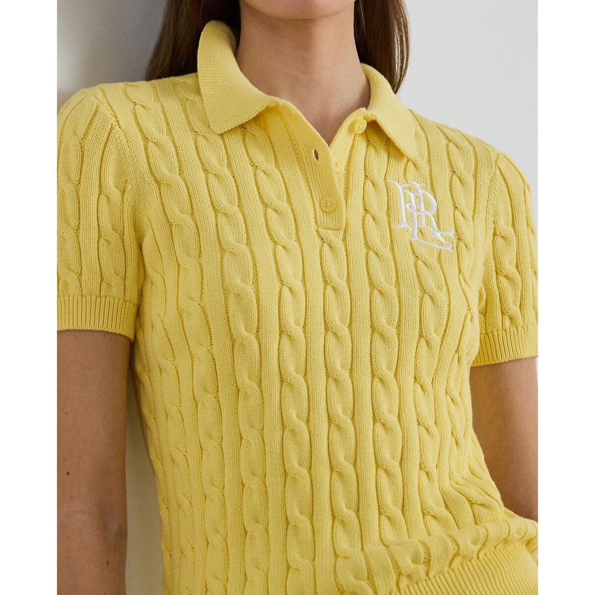 Pull manches courtes col polo en coton torsadé jaune citron, LAUREN RALPH LAUREN