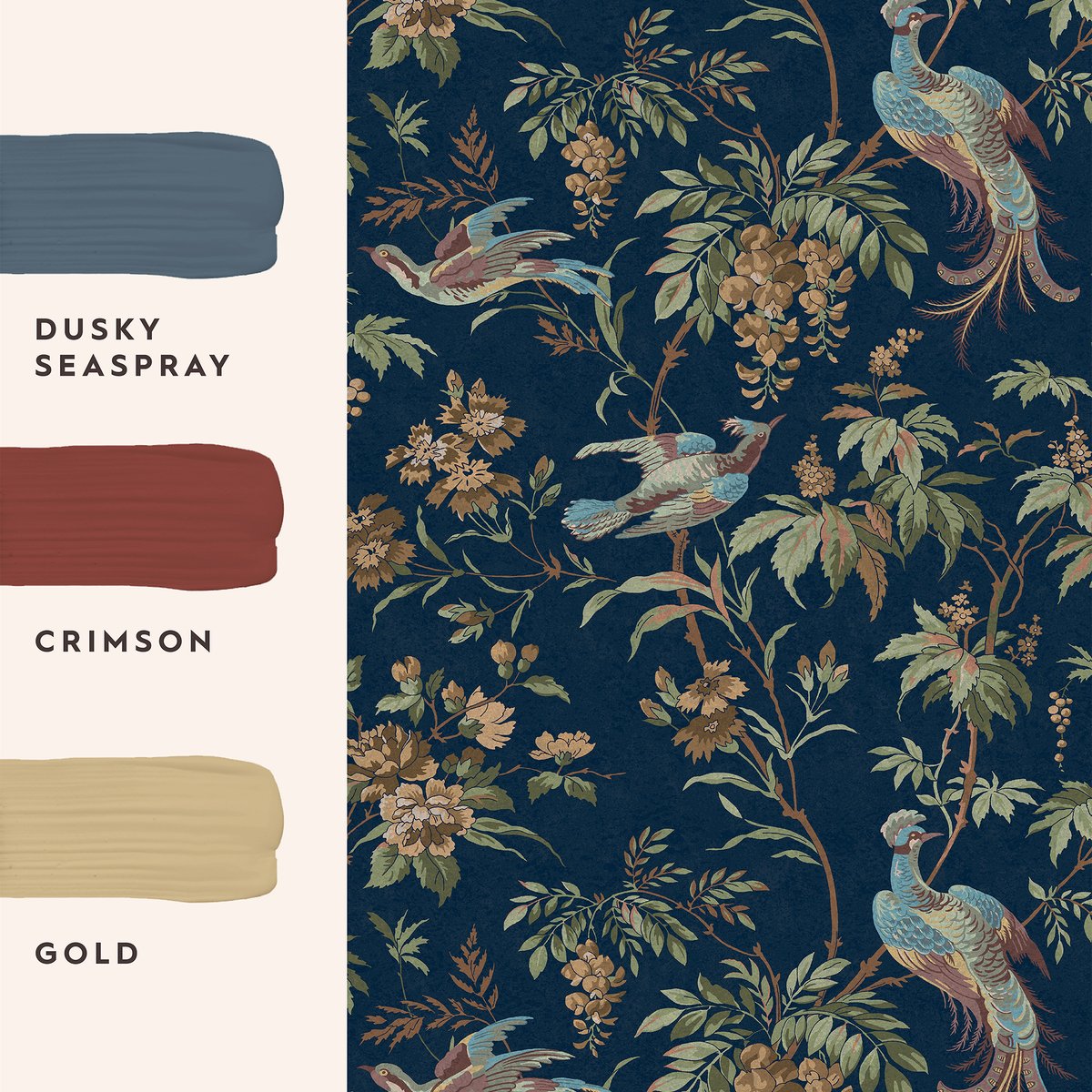 Papier peint Oiseaux majestueux bleu, vert, ocre, LAURA ASHLEY