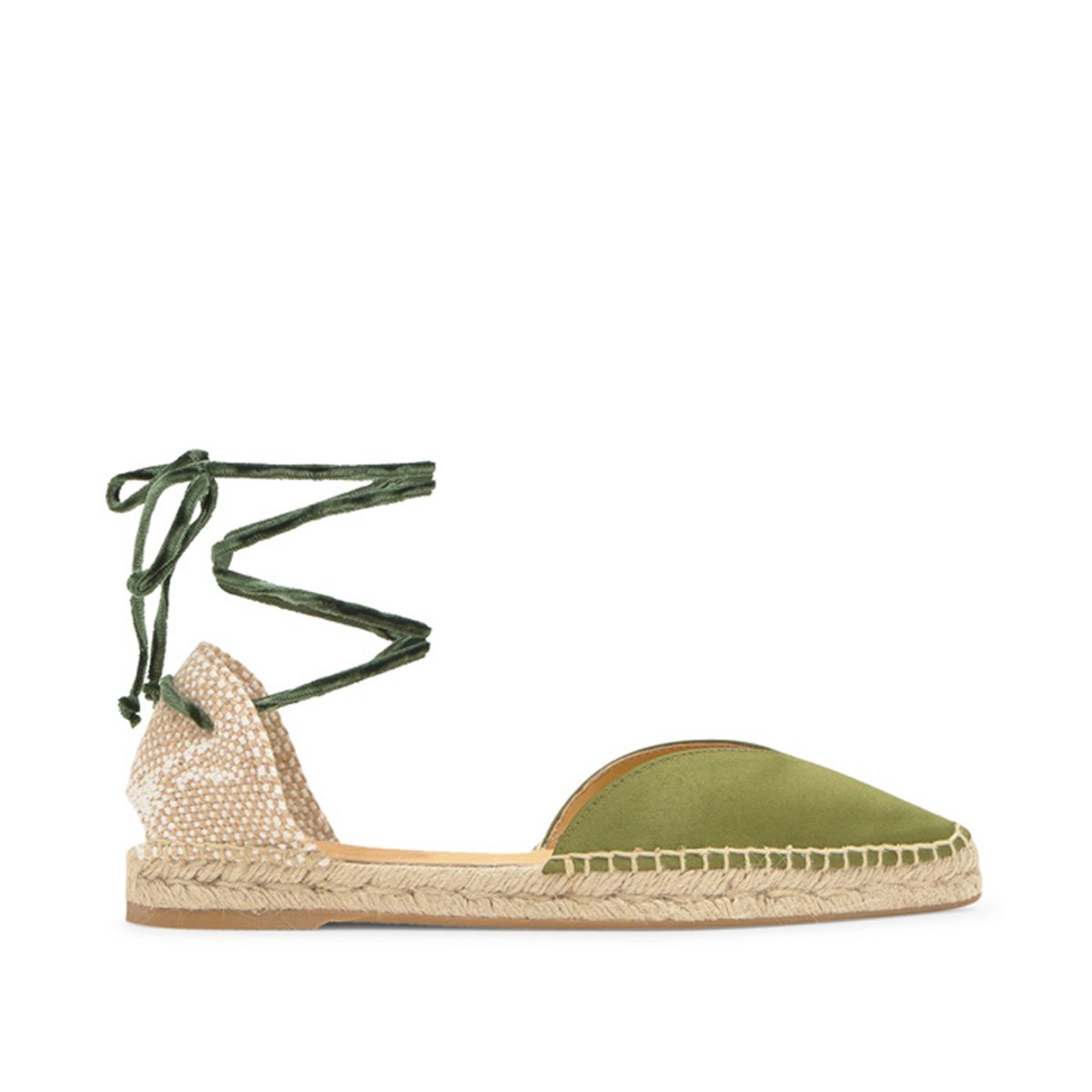 Espadrilles plates en satin à lacets en velours BRAVA PLATFORM vert olive, CASTANER