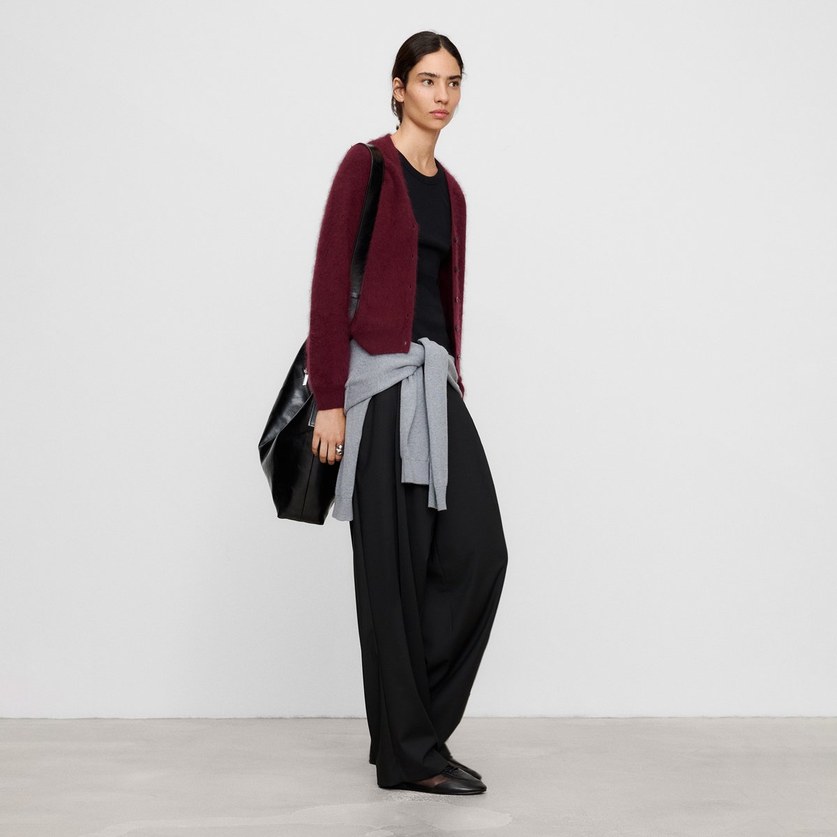 Cardigan brossé en laine mérinos à col V prune, ADOLFO DOMINGUEZ