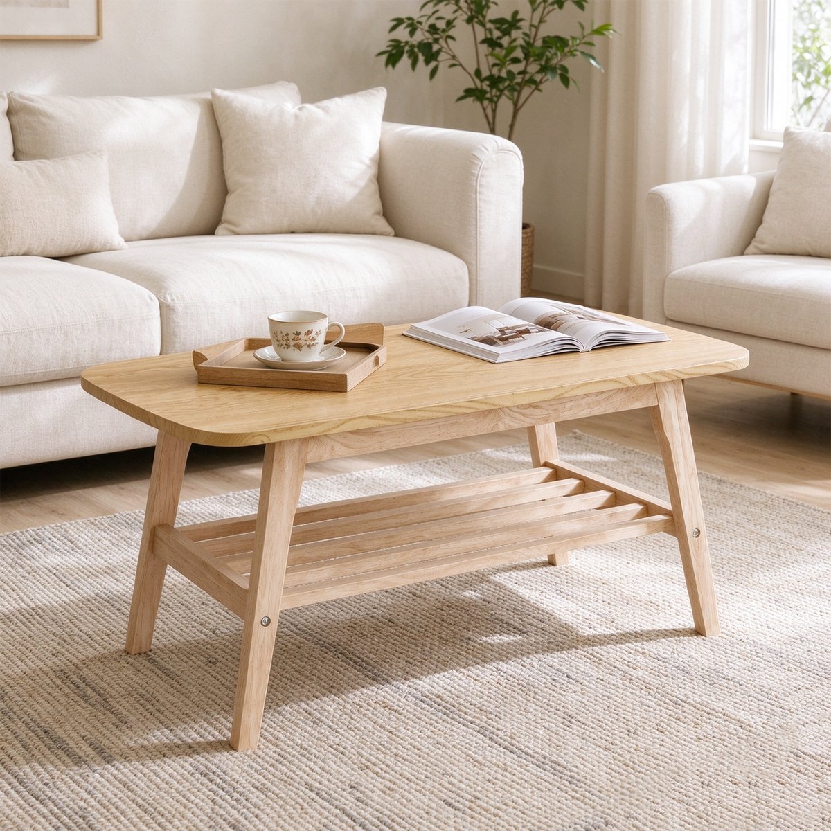 Table basse style scandinave à double plateau, KENNAH chêne, MEUBLES COSY