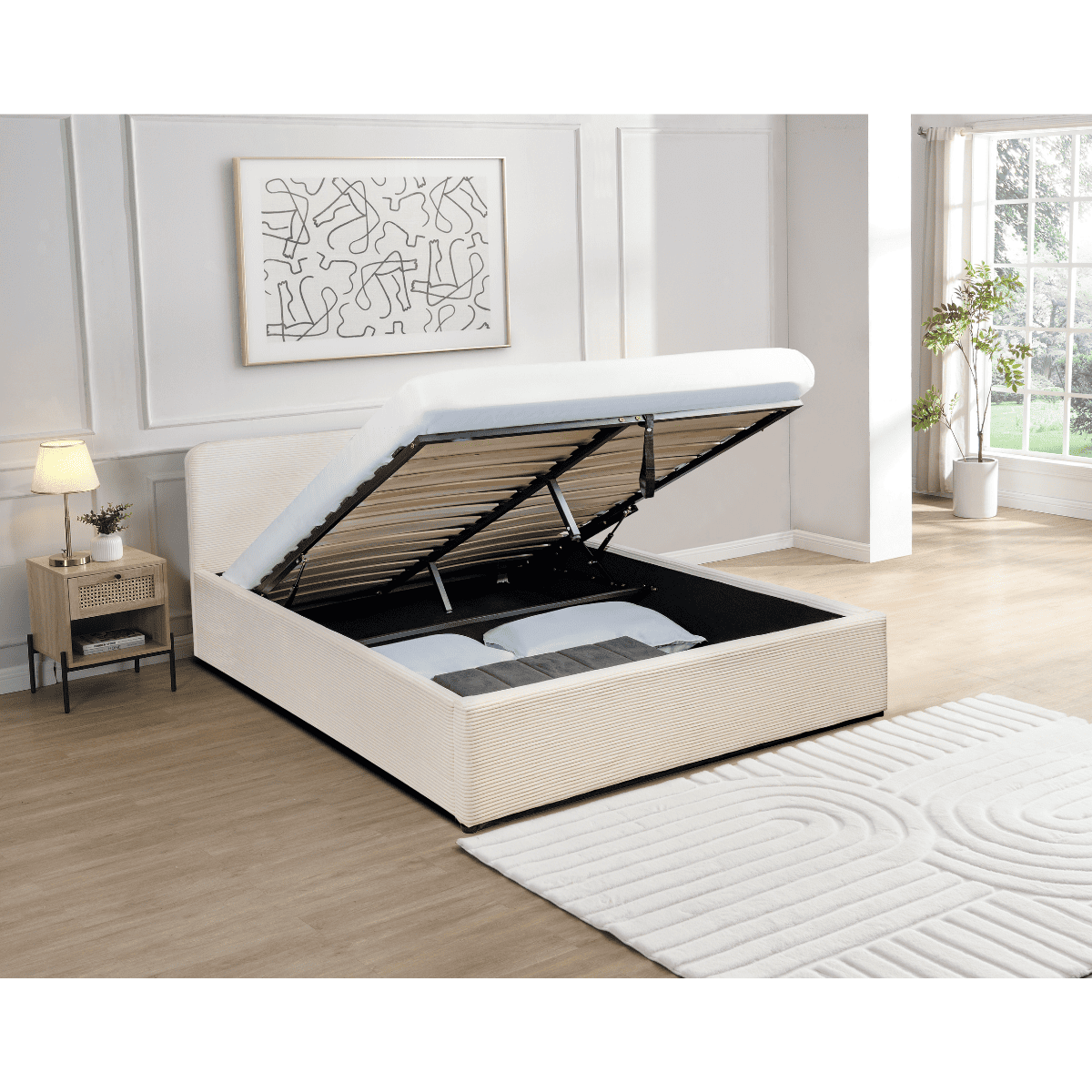 Lit coffre 160x200 cm en velours côtelé beige avec tête de lit et sommier - LIVY beige, CALICOSY