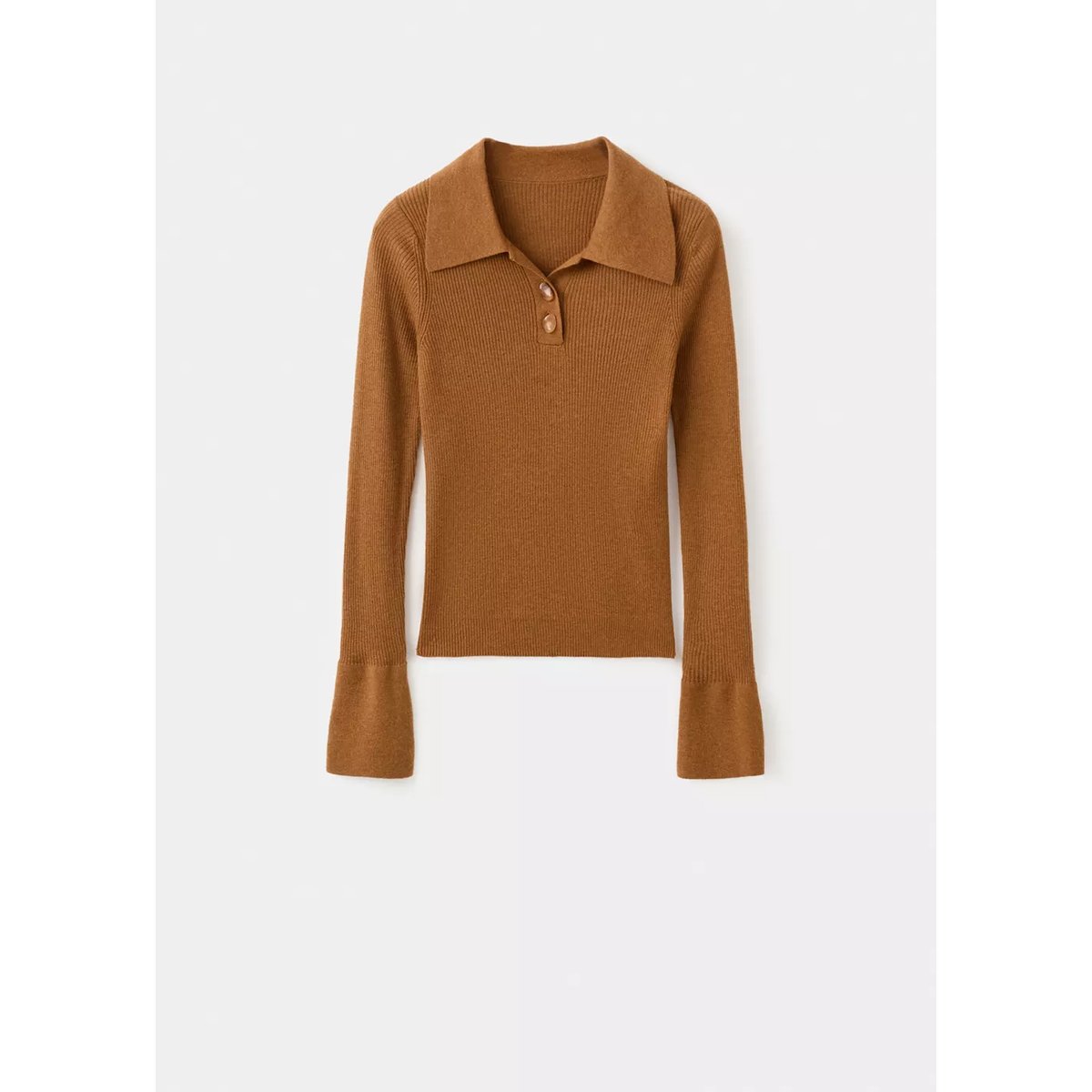 Pull-over maille côtelée col polo tabac, MANGO