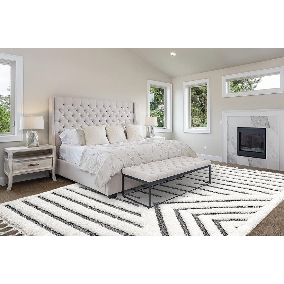 Tapis salon et chambre moderne à franges RASH gris, NOVATREND
