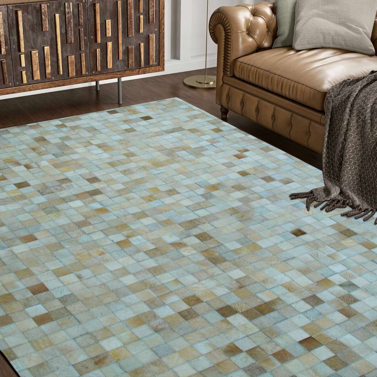 Tapis en cuir  recyclé mosaïque  CUIR MOZAIQUE beige, THE DECO FACTORY