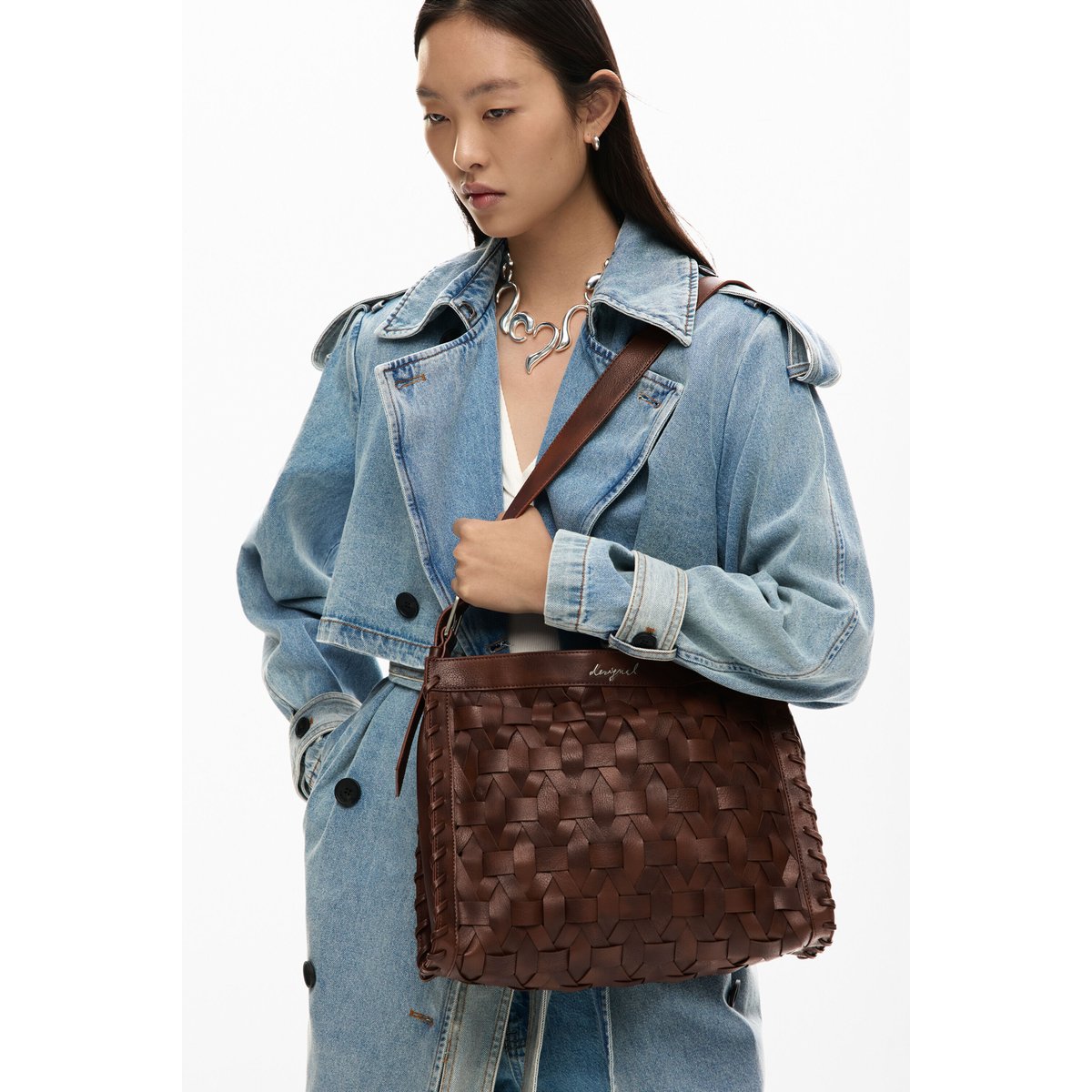 Sac moyen tressé marron, DESIGUAL