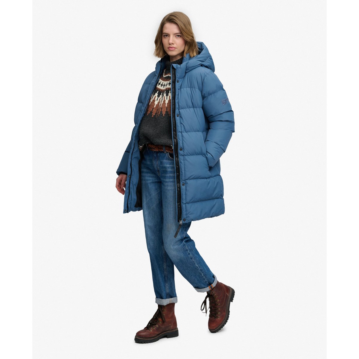 Doudoune Mi-longue à Capuche Sports bleu ardoise sec, SUPERDRY