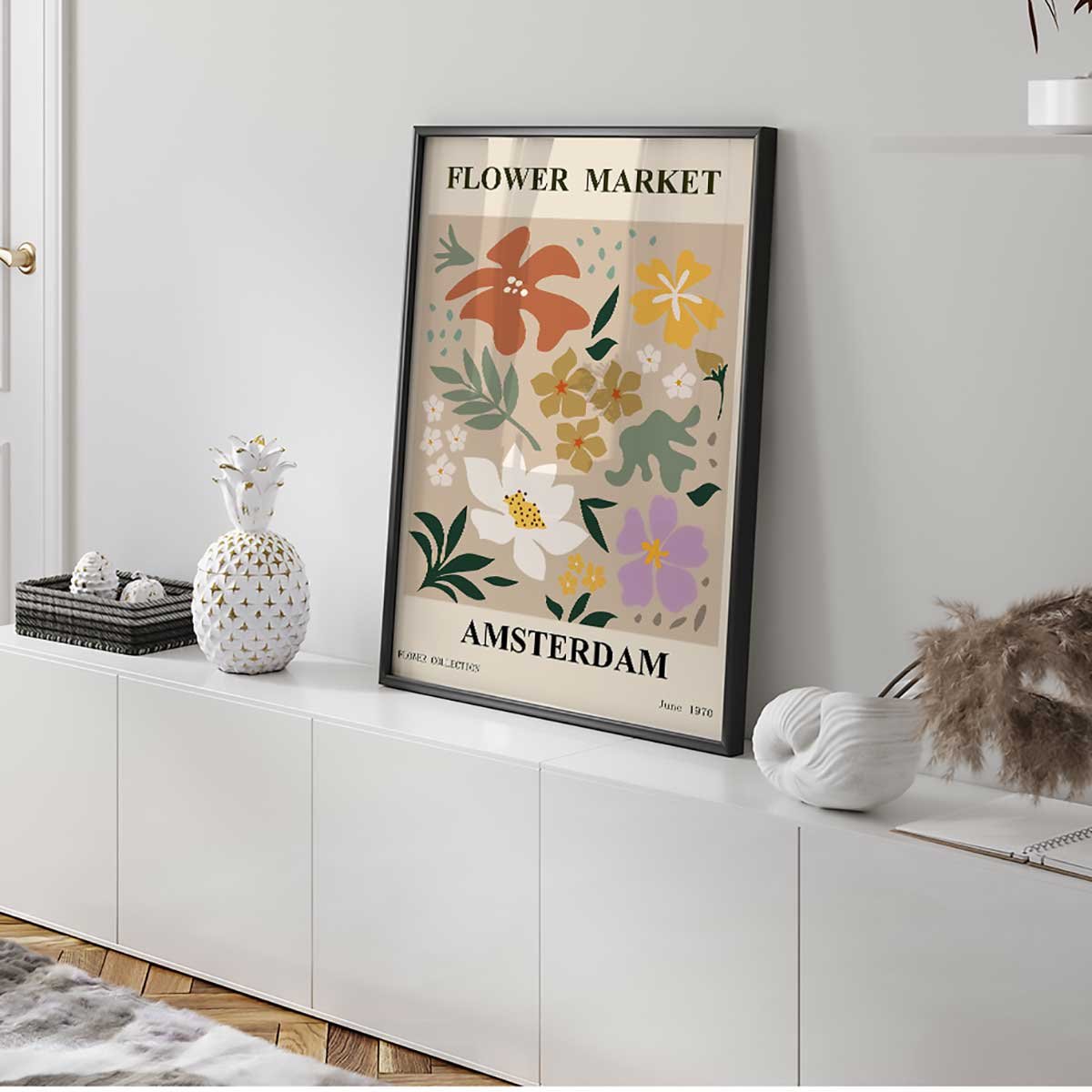 Affiche encadrée fleurs abstraites colorées affiche + cadre en métal - noir, HEXOA