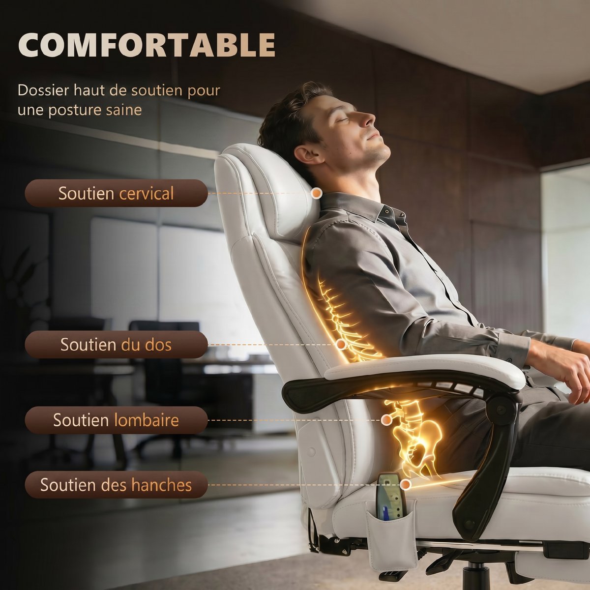 Fauteuil de bureau avec fonction massage blanc, HOMCOM