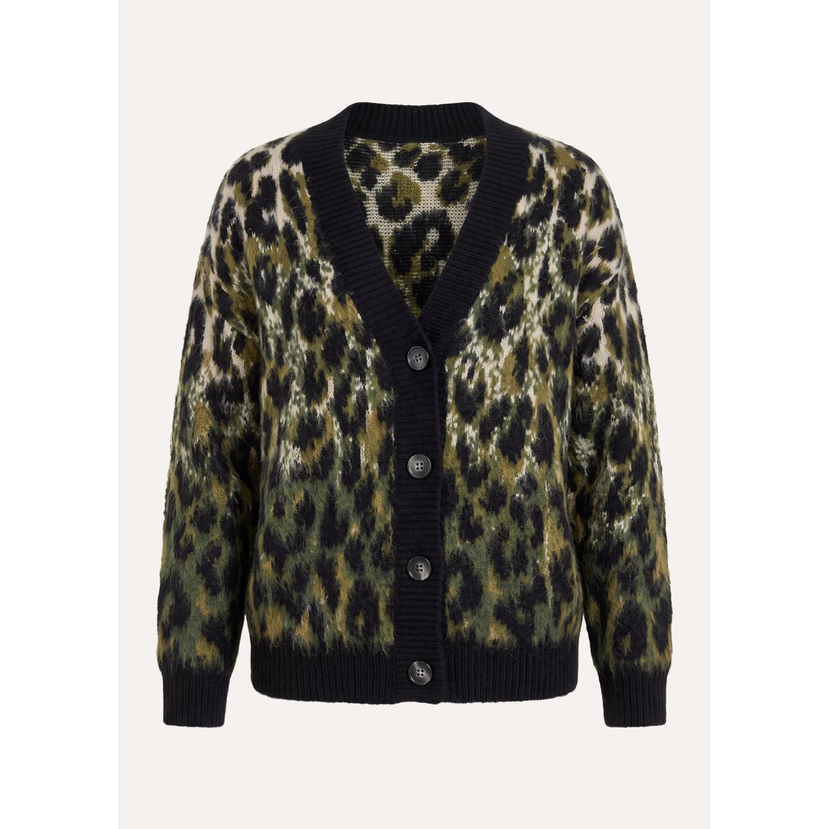 Gilet à imprimé léopard manches longues en jacquard kaki, LA FEE MARABOUTEE