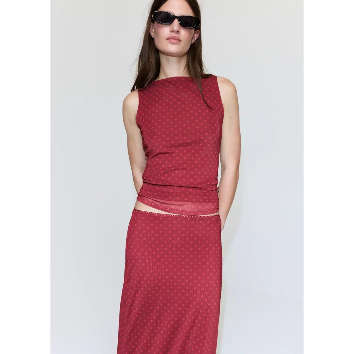 Jupe en tulle à imprimé pois rouge, MANGO