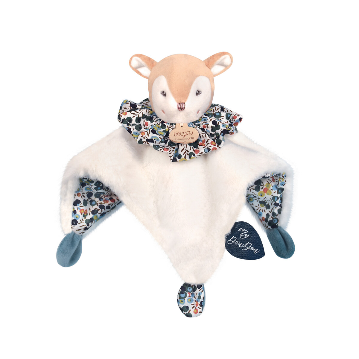 Doudou boule faon 25 cm beige/imprimé bleu, DOUDOU ET COMPAGNIE