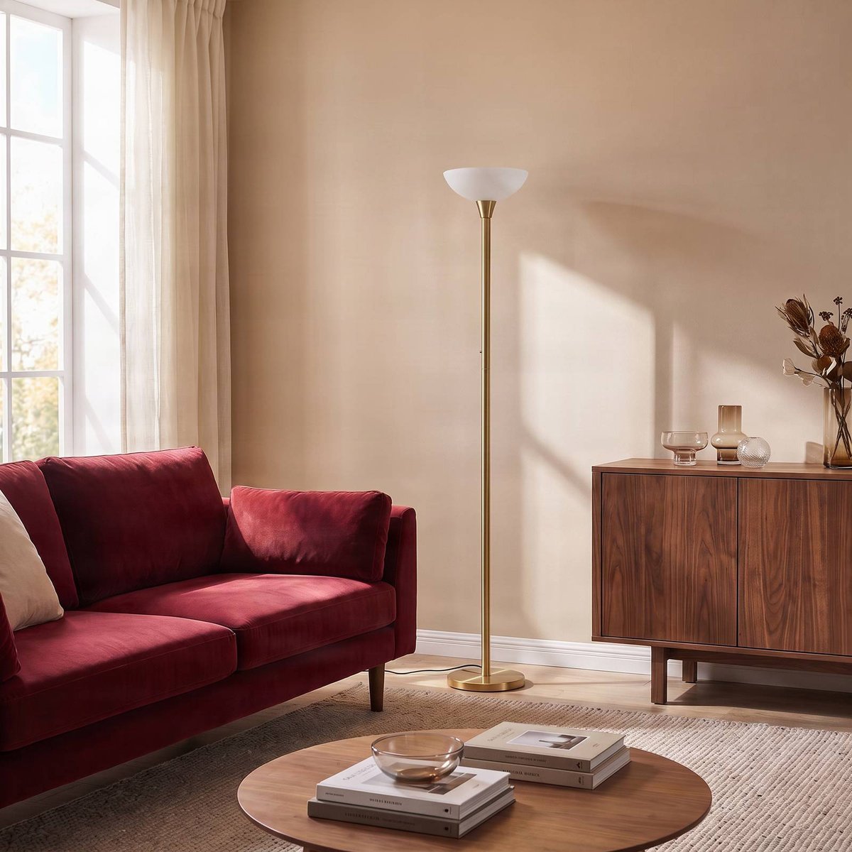 Lampadaire en métal moderne, Ignacia laiton mat, blanc, LINDBY