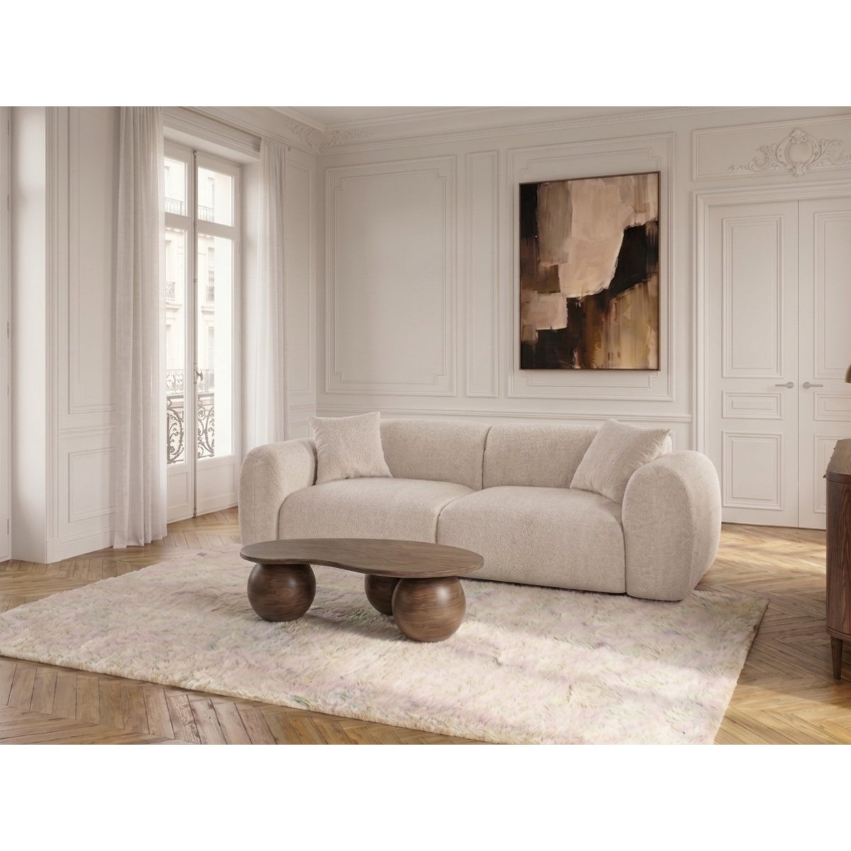 Canapé droit fixe 3 places en tissu chenille, SIENA blanc, BOBOCHIC