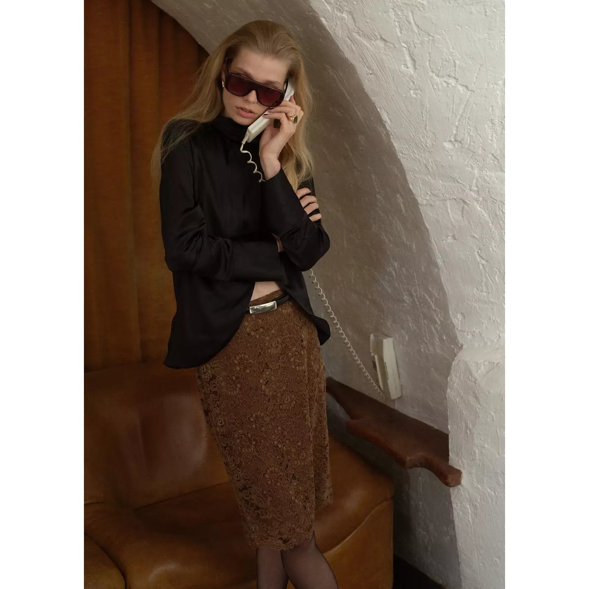 Jupe midi dentelle moutarde, MANGO