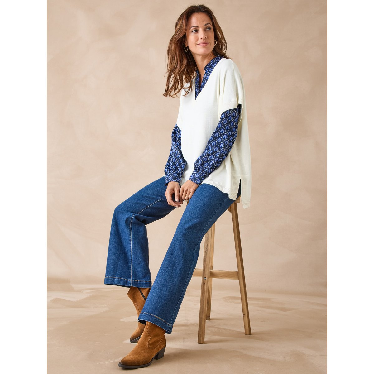 Pull manches courtes 30% laine mérinos ecru, DAXON