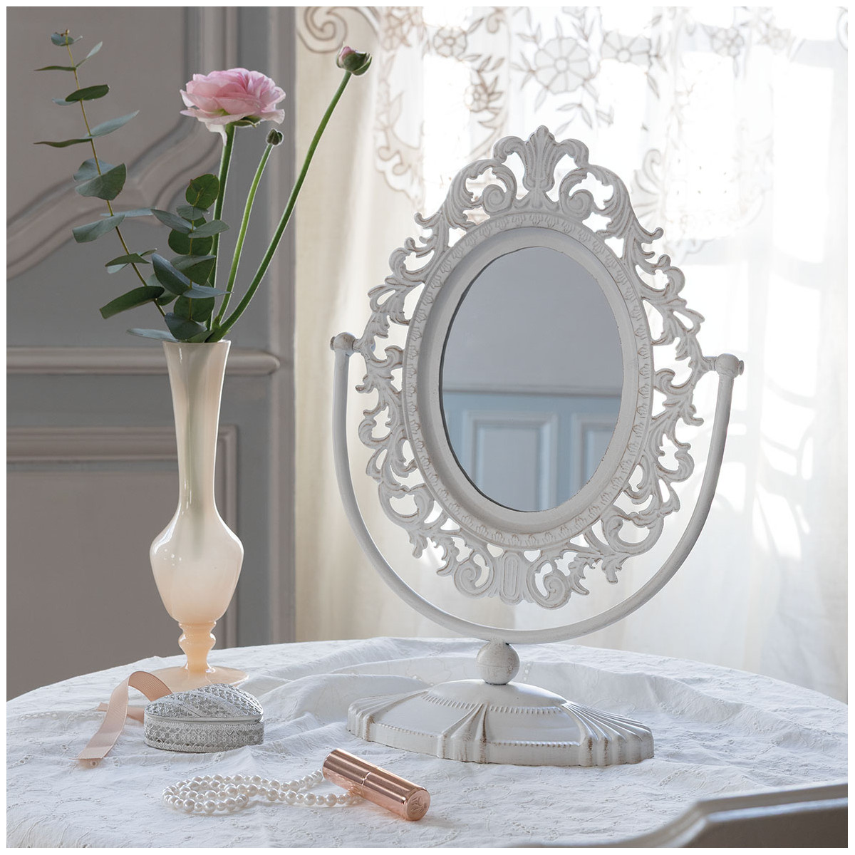 Miroir sur pied Rosalie en métal blanchi blanc antique, MATHILDE M