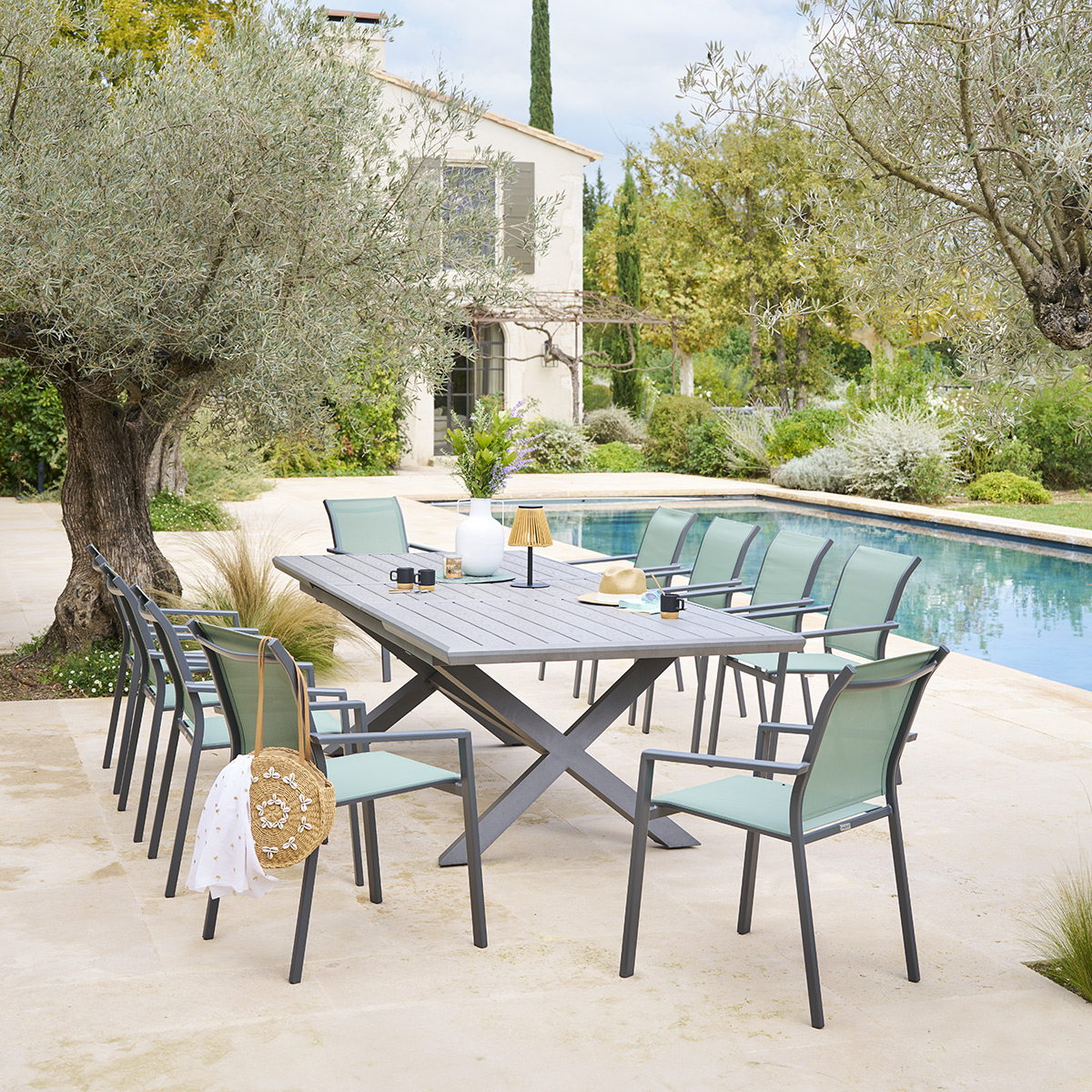 Table de jardin extensible 10 places en aluminium AXIOME gris foncé, HESPERIDE