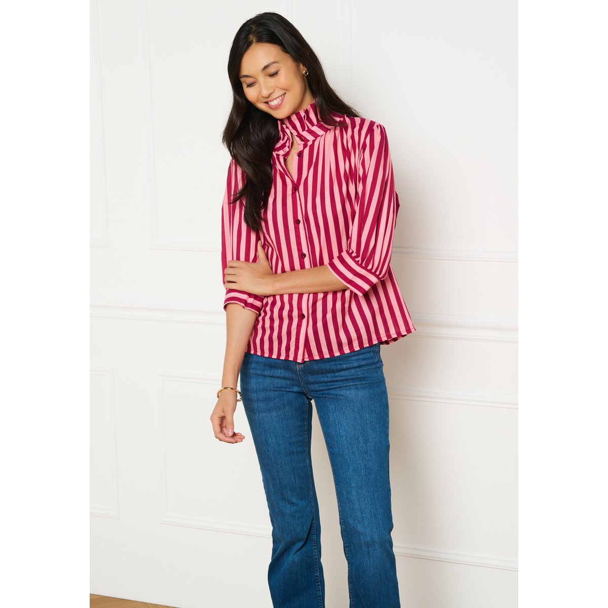 Chemise rayée col volanté bordeaux wine, LOLALIZA