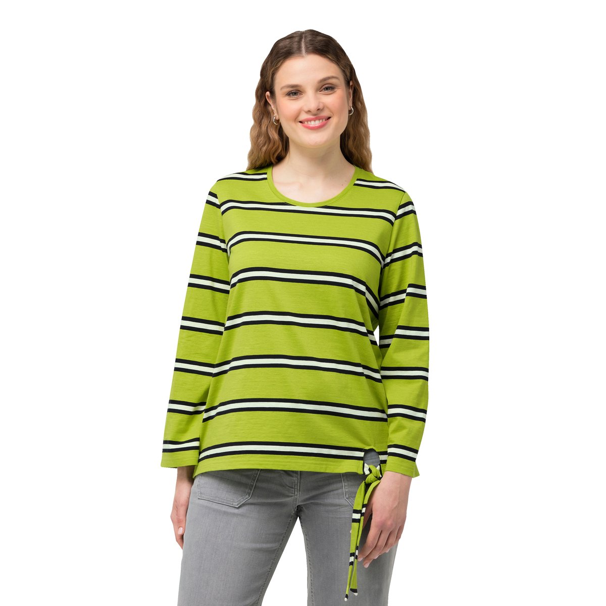 T-shirt rayé à manches longues. Col rond vert pomme, ULLA POPKEN