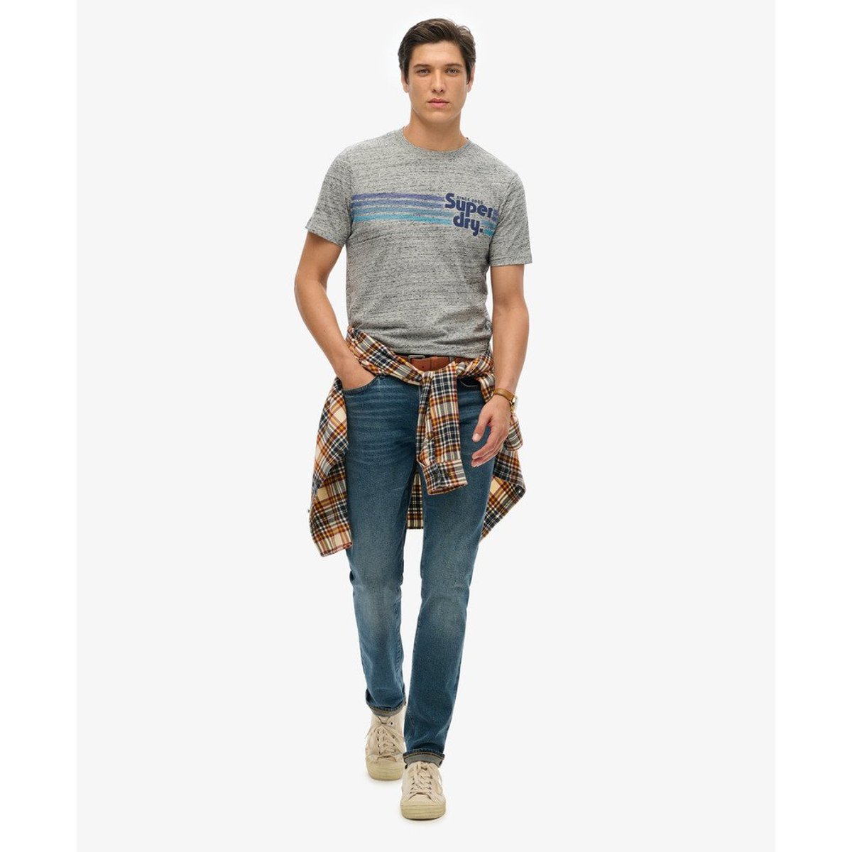 T-shirt col rond à logo gris silex poudré, SUPERDRY