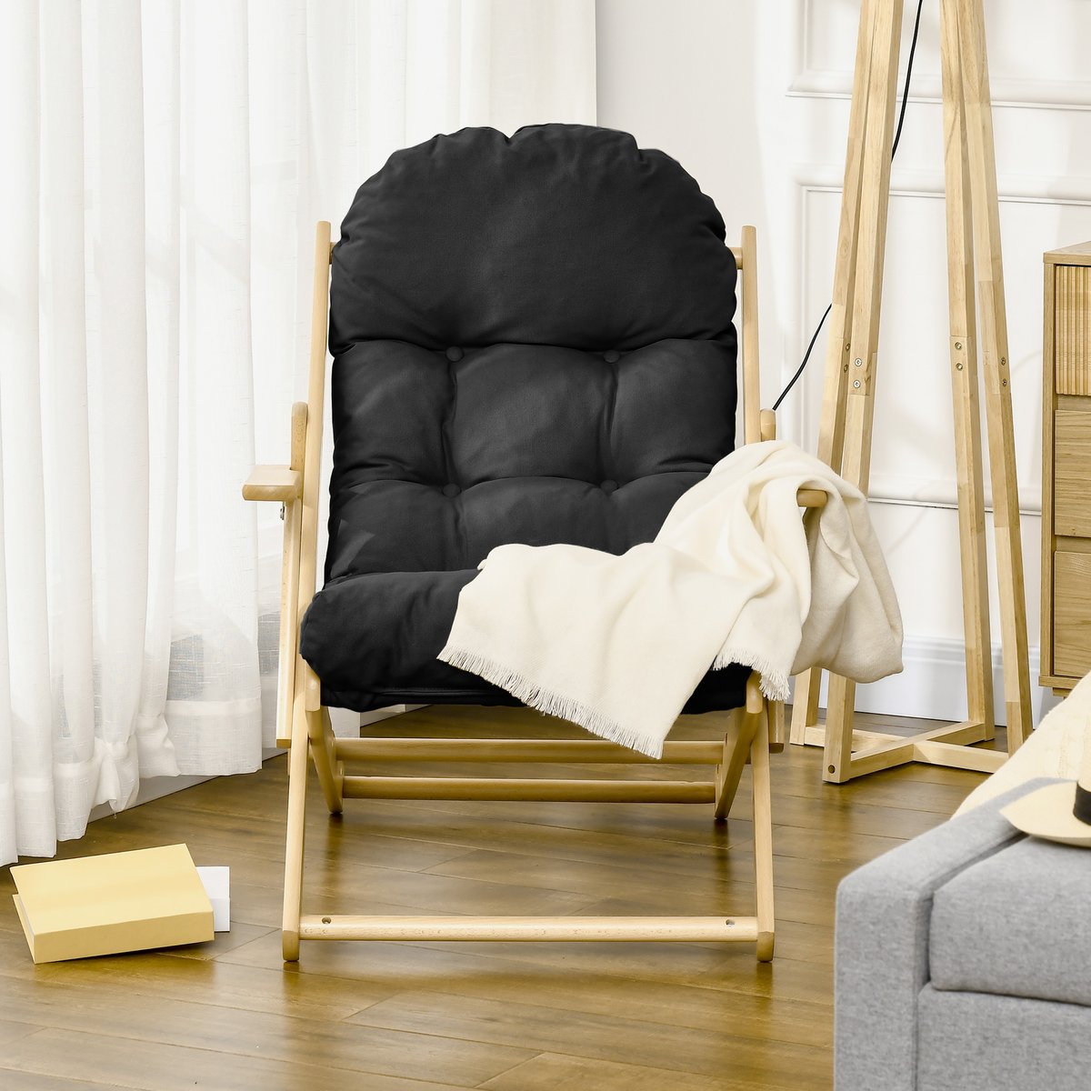 Accent Chair Bois d'hévéa Noir noir, HOMCOM