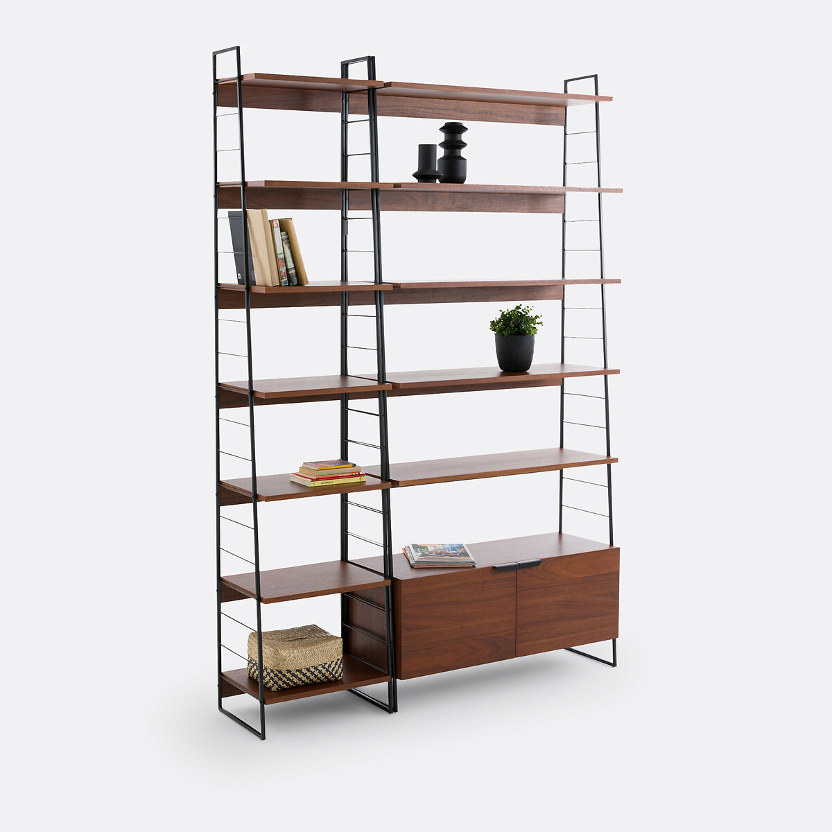Bibliothèque, en métal acier et plaqué noyer, hauteur 220 cm, WATFORD noyer/noir, LA REDOUTE INTERIEURS