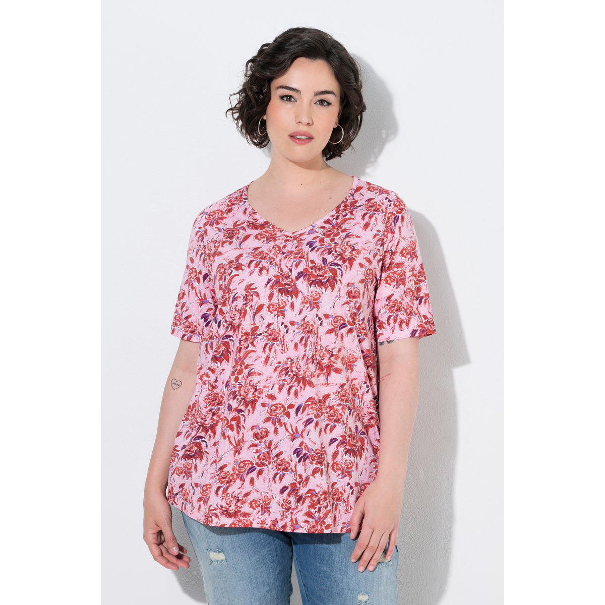 T-shirt motif floral, coupe évasée rose tendre, ULLA POPKEN