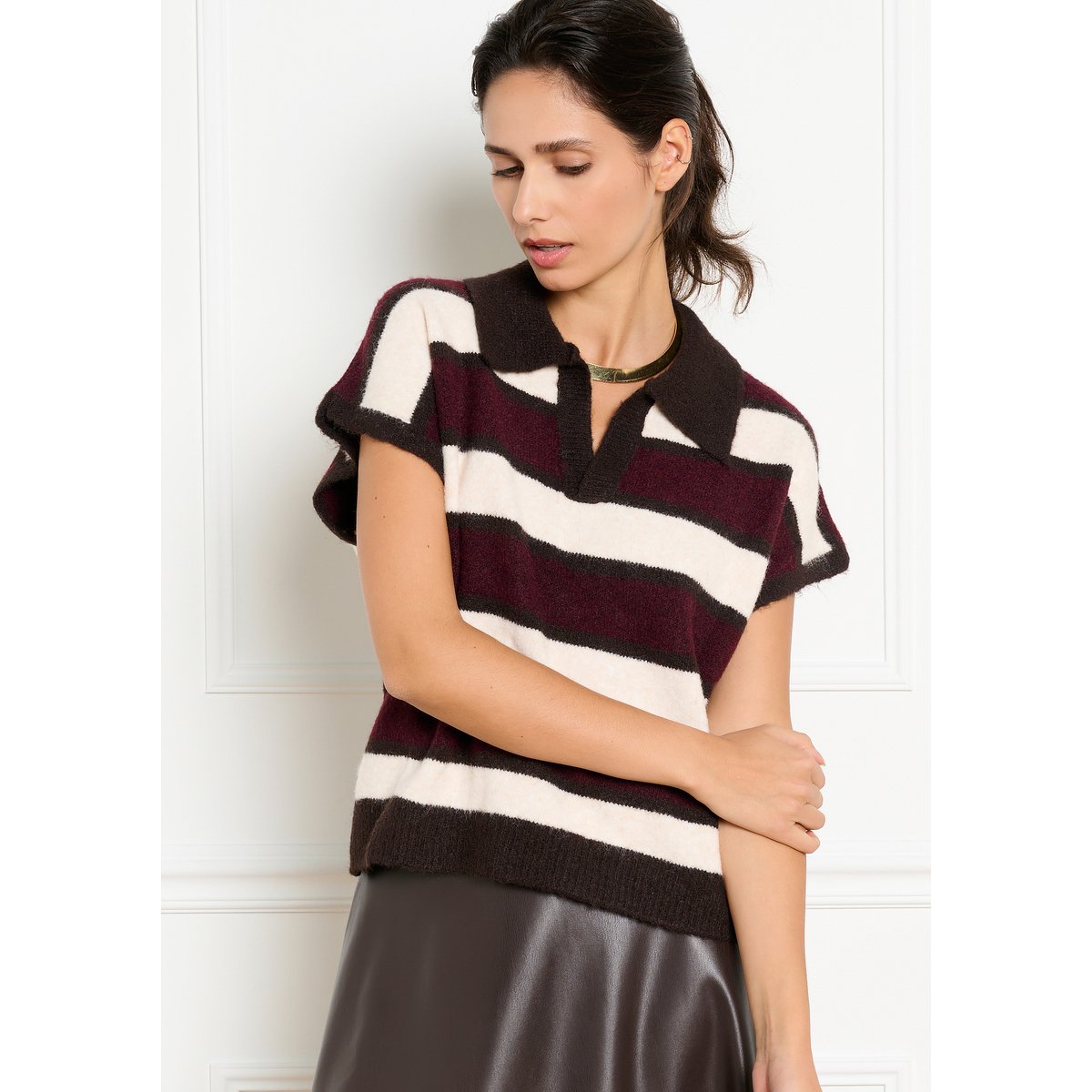 Pull polo à rayures blanc vanille, LOLALIZA