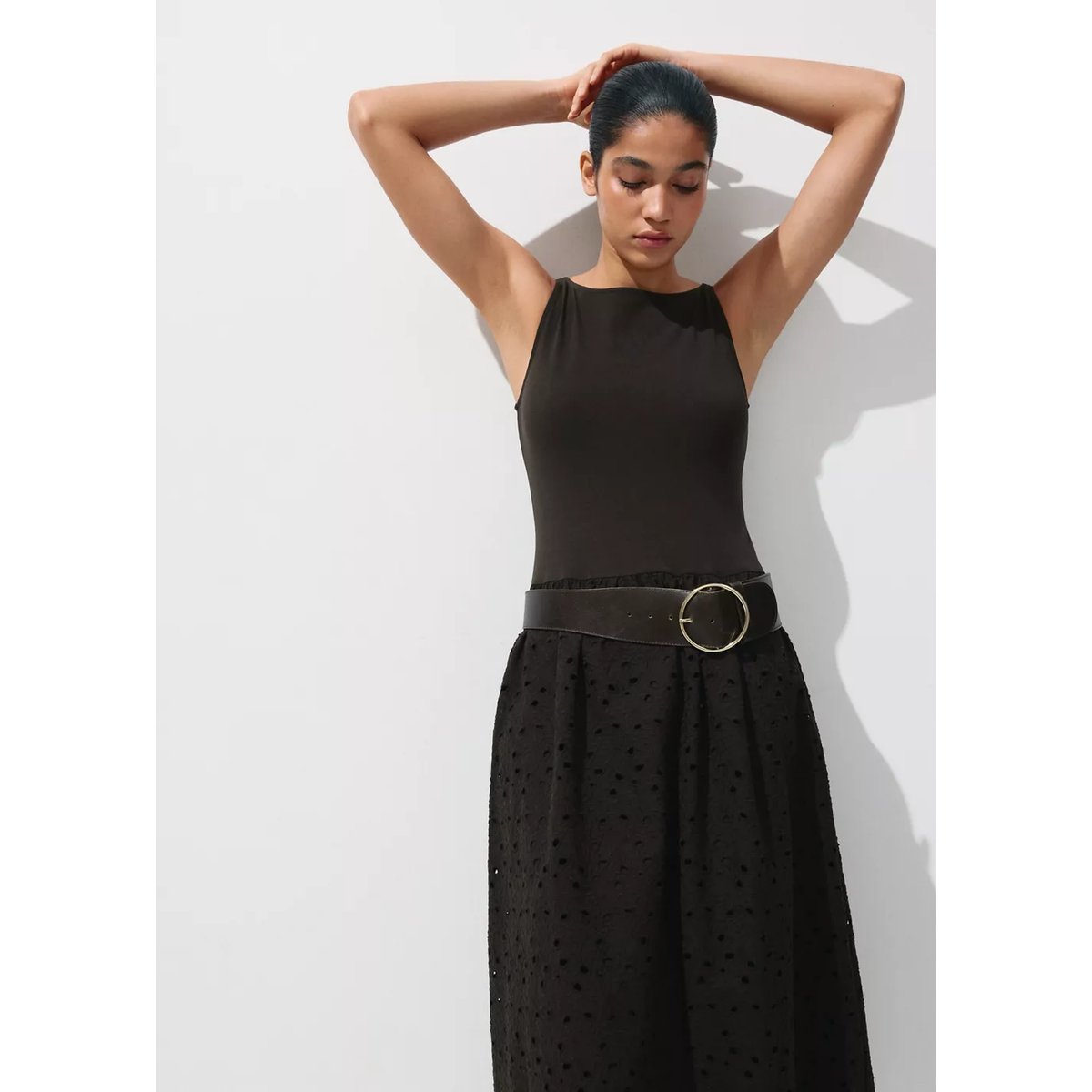 Robe combinée broderie ajourée marron, MANGO