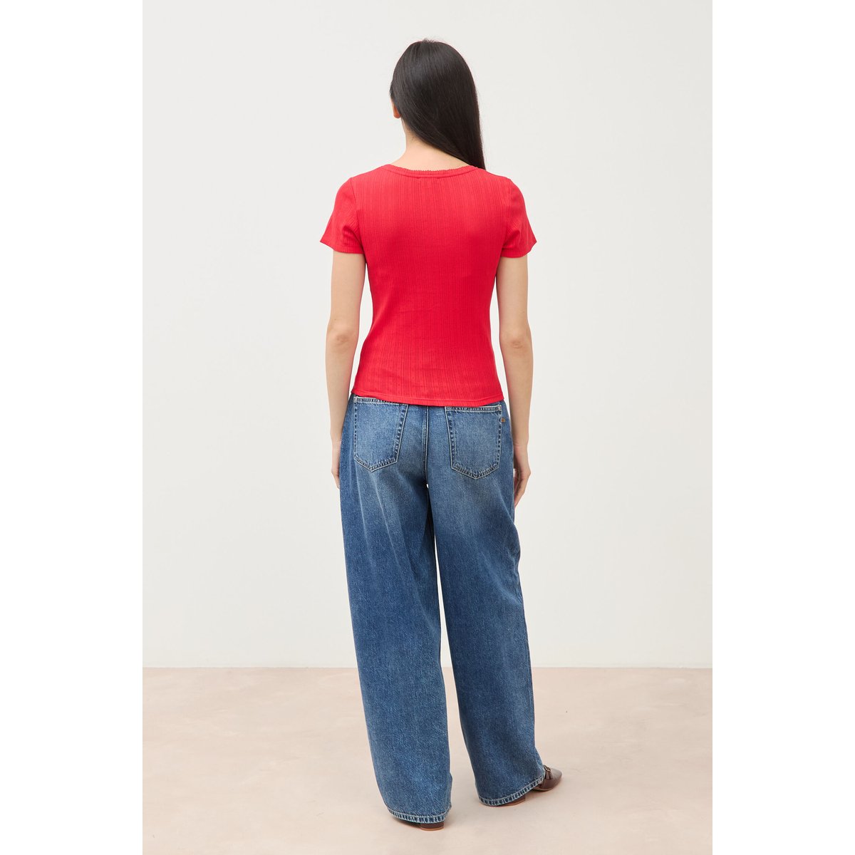 T-shirt ajusté col rond manches courtes rouge, BONOBO