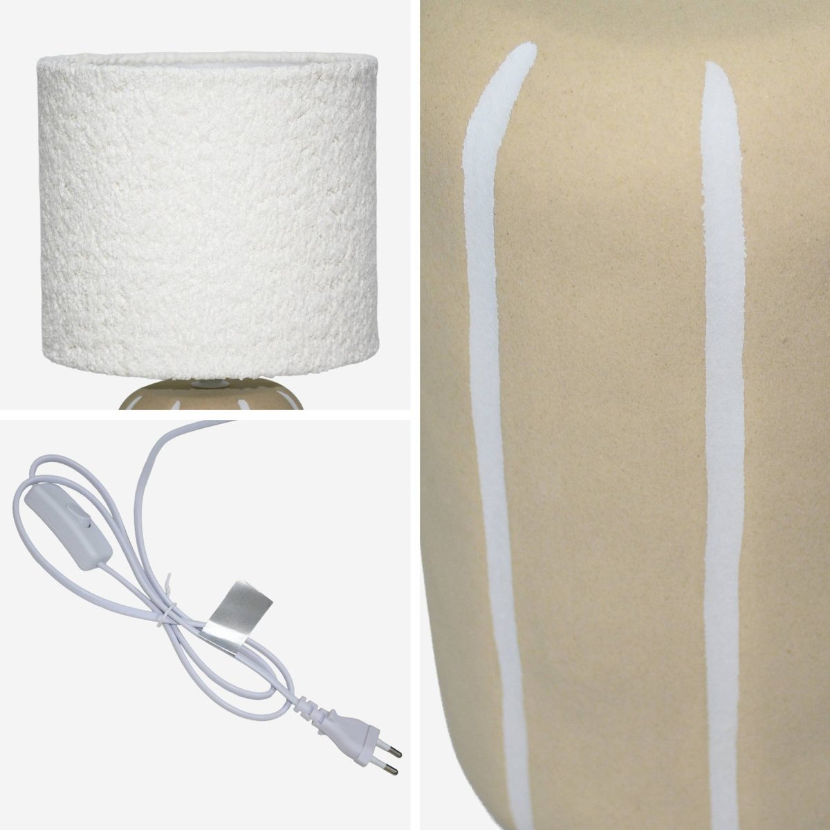 Lampe de table intérieur céramique, abat-jour bouclette H 41cm ROXANE greige, SWEEEK