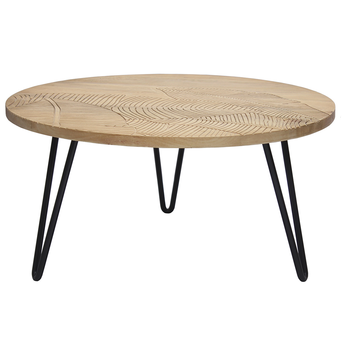 Table basse ronde gravée bois manguier massif et métal noir D80 cm VIBES naturel, MILIBOO