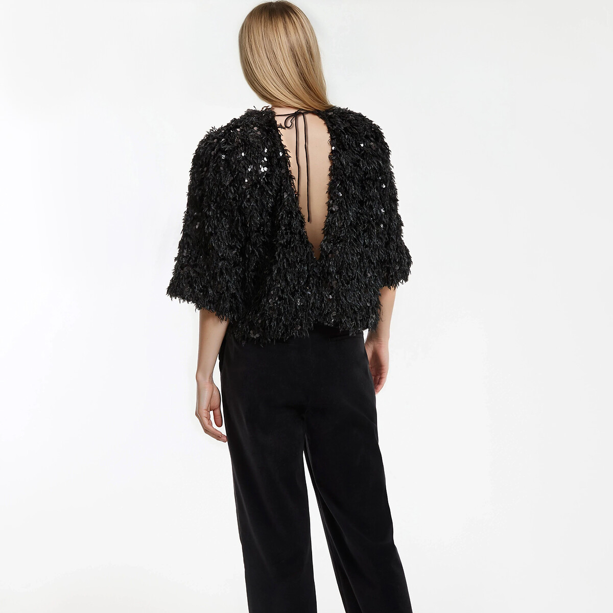 Sequin/Feather Top with Short Sleeves black, LA REDOUTE COLLECTIONS