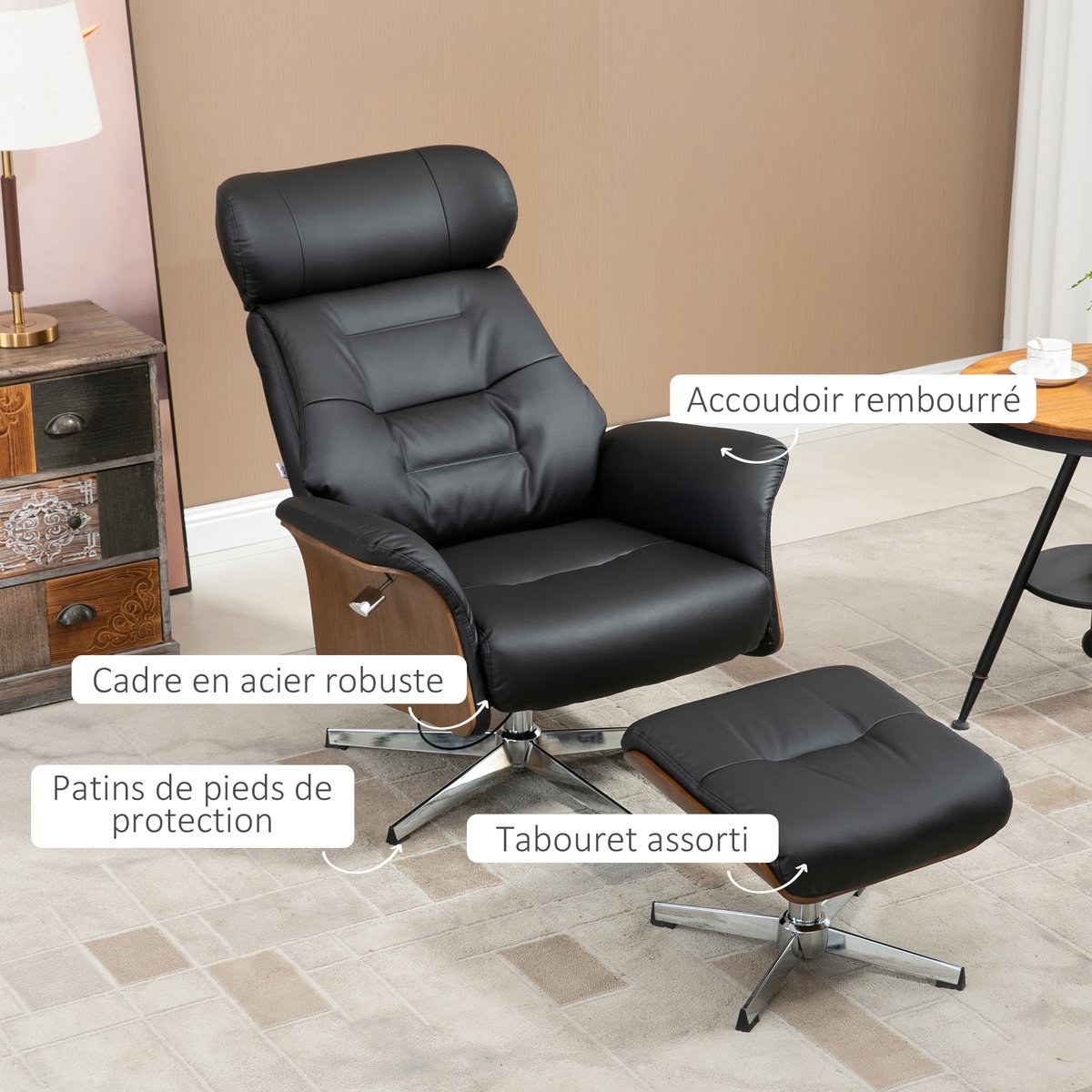 Fauteuil inclinable avec repose-pieds noir, HOMCOM