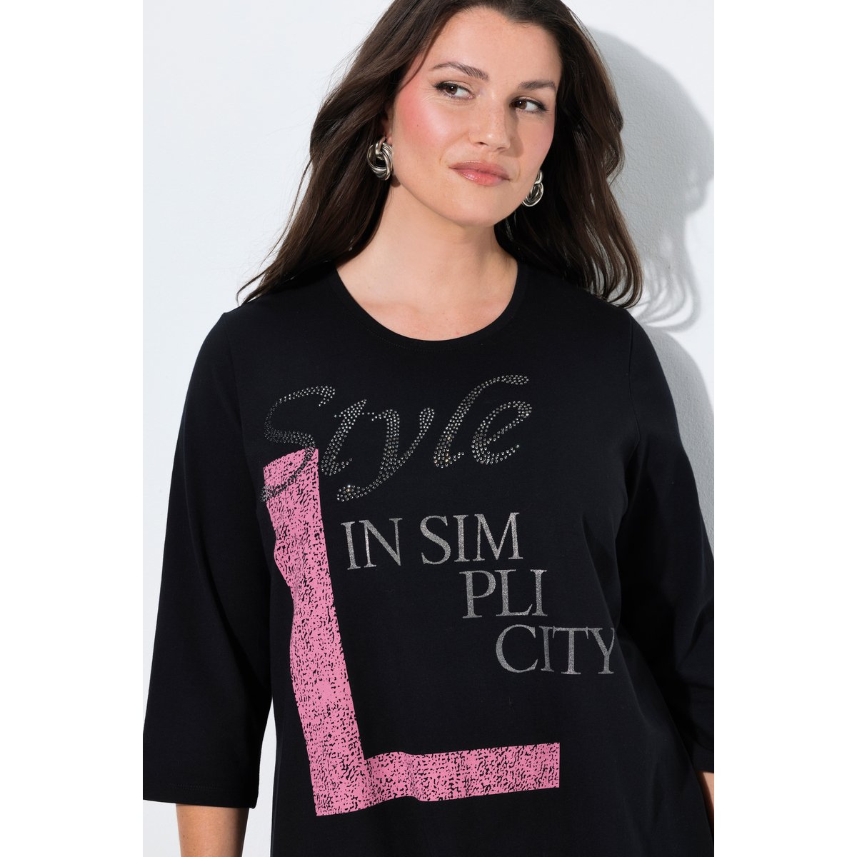 T-shirt avec strass, col rond et manches 3/4 noir, ULLA POPKEN