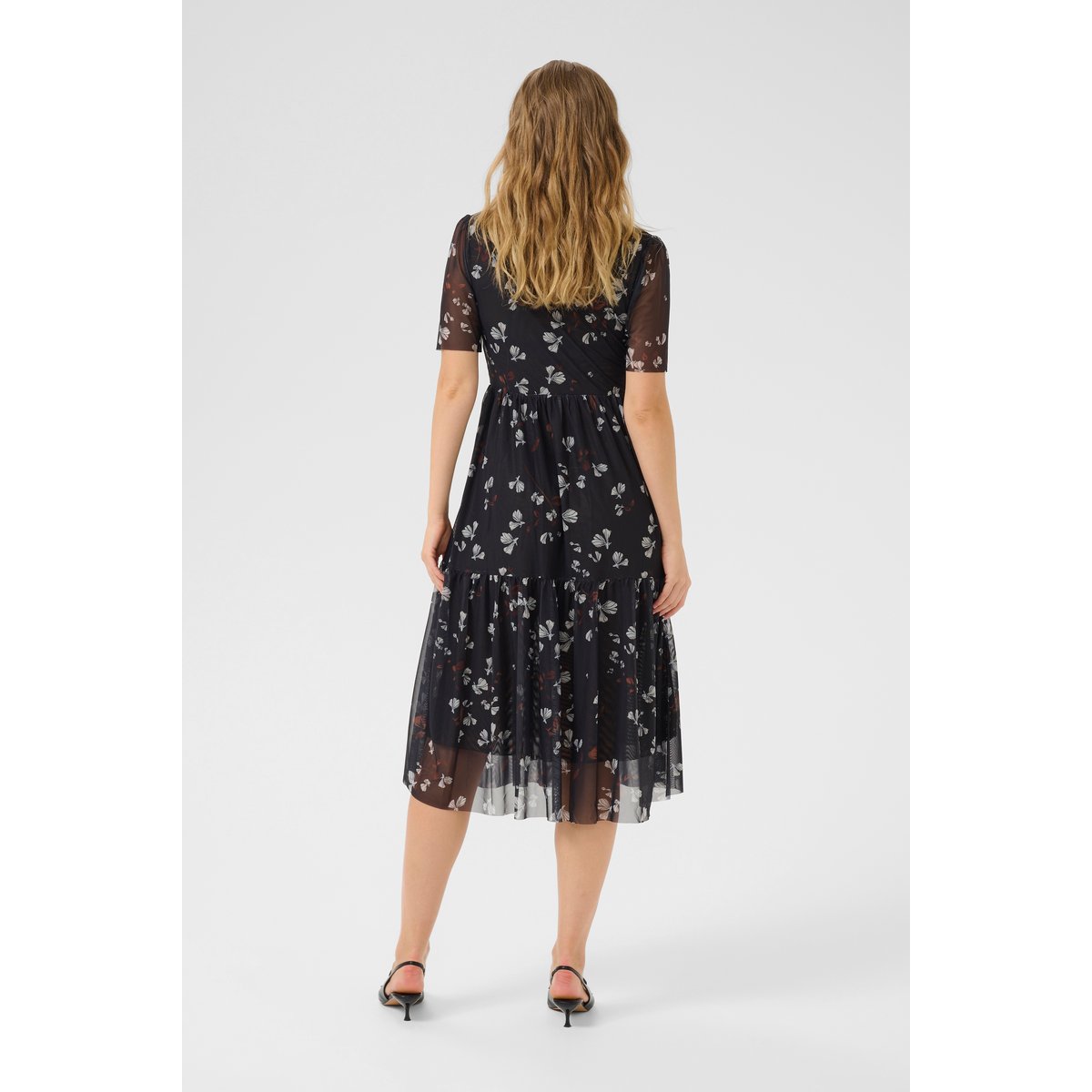 Dress noir black with flowers, CREAM