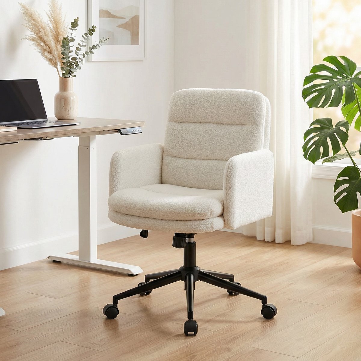Chaise de bureau Tissu effet laine bouclée crème, HOMCOM
