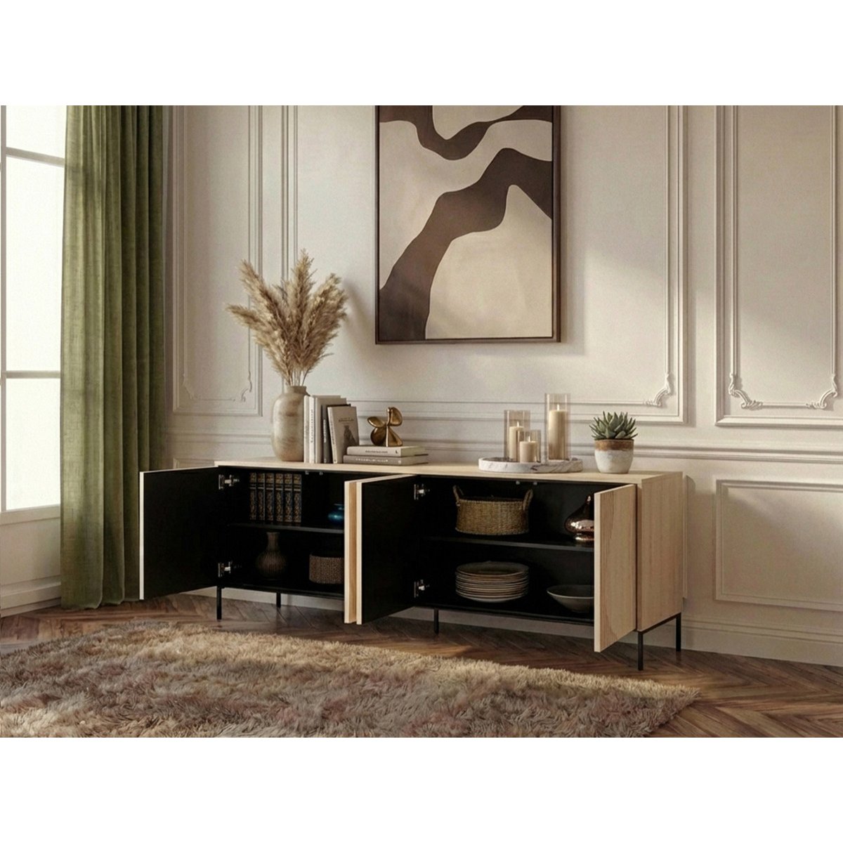 Buffet bas en panneaux de particules et MDF 4 portes 193 cm, FLORE noir et chêne, BOBOCHIC
