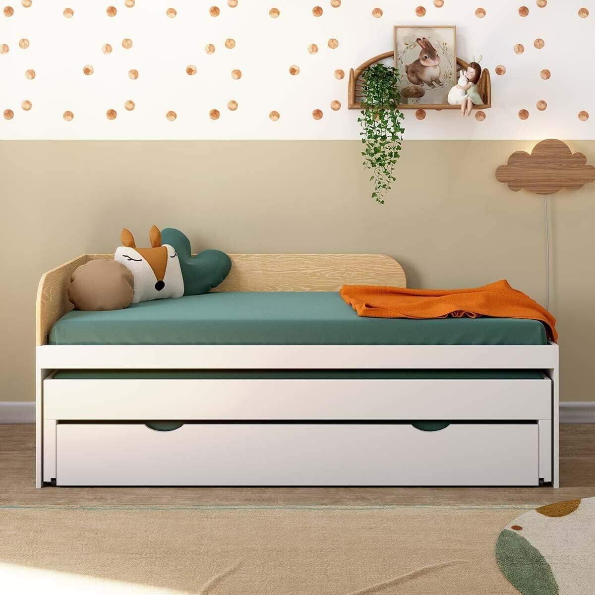 Pack lit gigogne 3 places avec matelas Bois massif NOHA blanc, AKITEN RETAIL