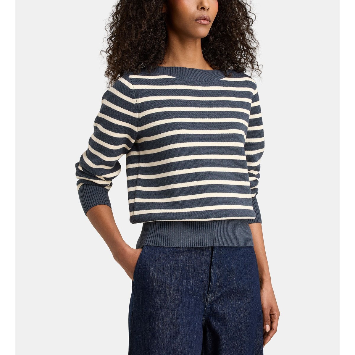 Pull marinière laponie en coton bio et laine bleu chiné, JODHPUR