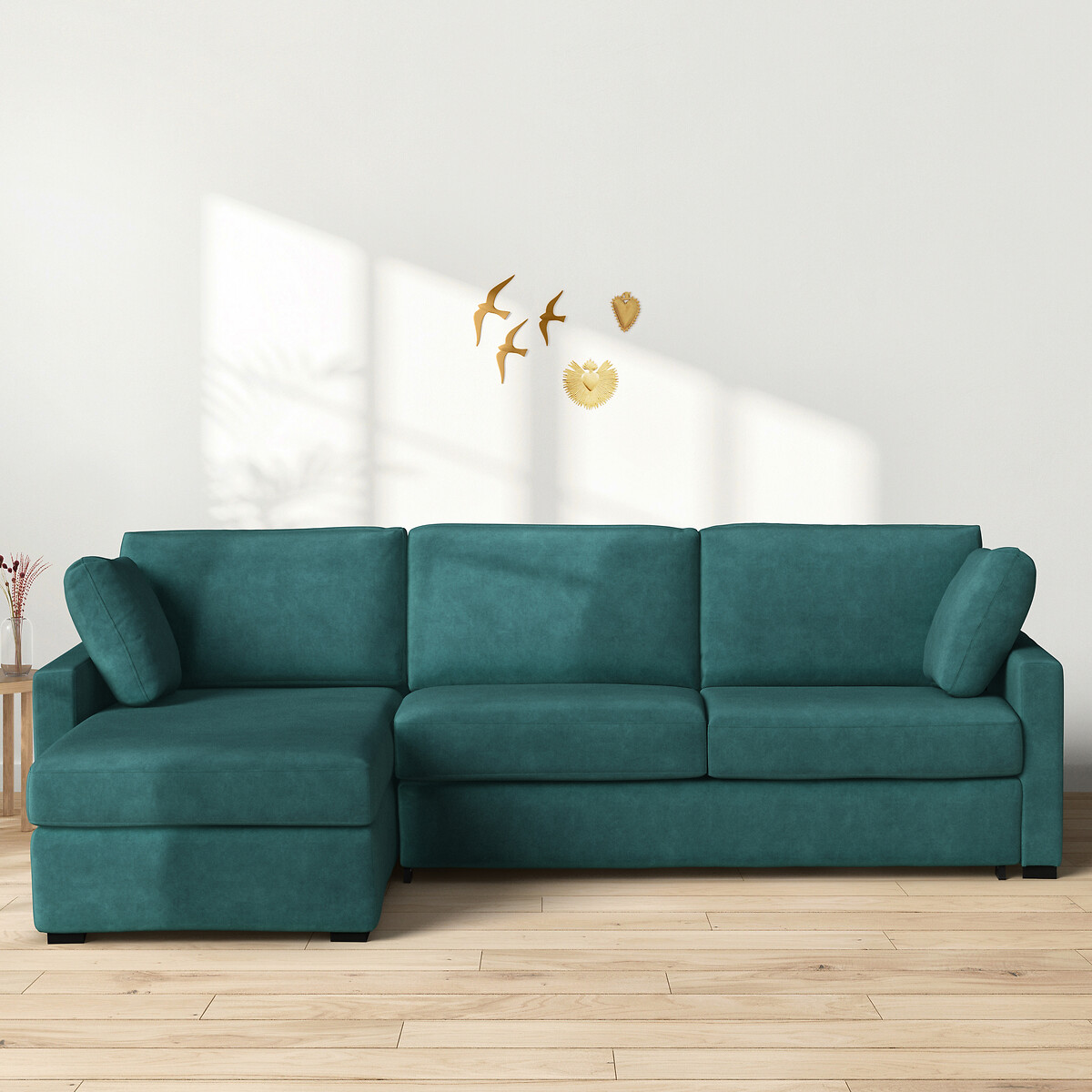 4-Sitzer-Ecksofa TIMOR mit Schlaffunktion, Velours, Schaumstoff porzelanblau, LA REDOUTE INTERIEURS