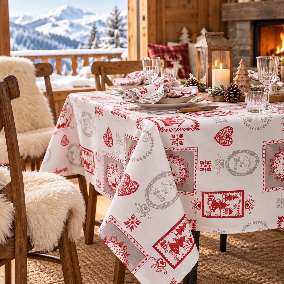 Nappe en coton WINTER – Esprit chalet montagne blanc, LINANDELLE